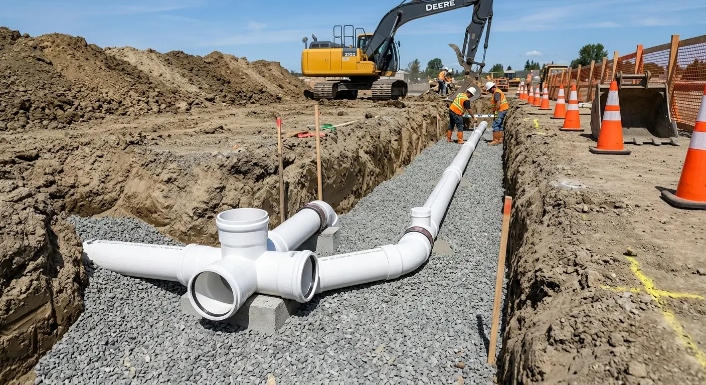New PVC sewer pipe installation in open trench for Sewer Backup in Commerce