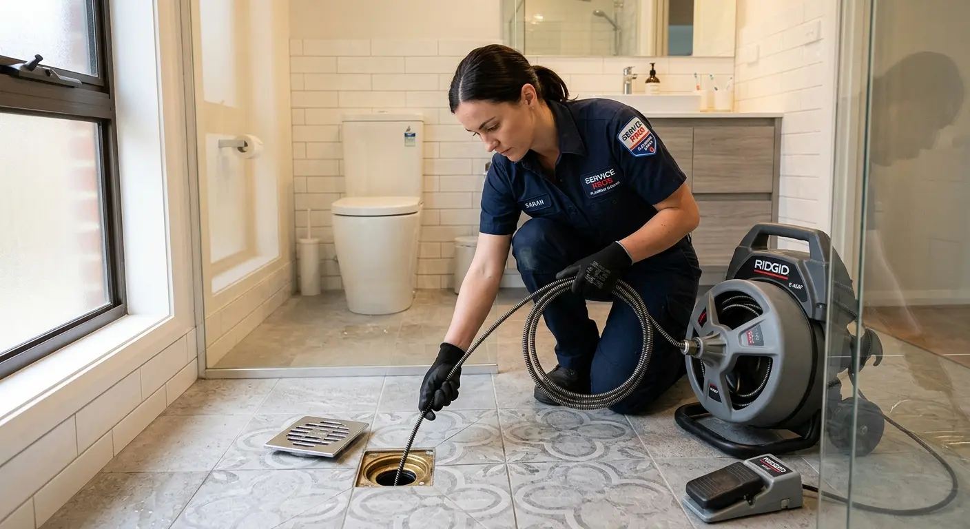 Technician clearing a bathroom floor drain for Clogged Drain Repair in Commerce
